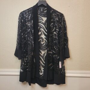 R&M Richards Open Front Cardigan Lace Sequin Bell Sleeve Formal Black 10P
